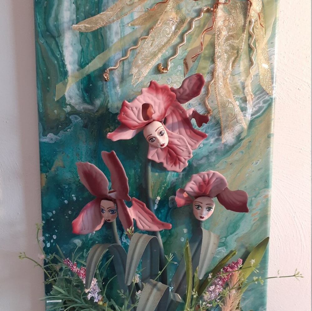 "Spring Flowers" 3D 12x24 inch Art Assemblage OOAK Painting